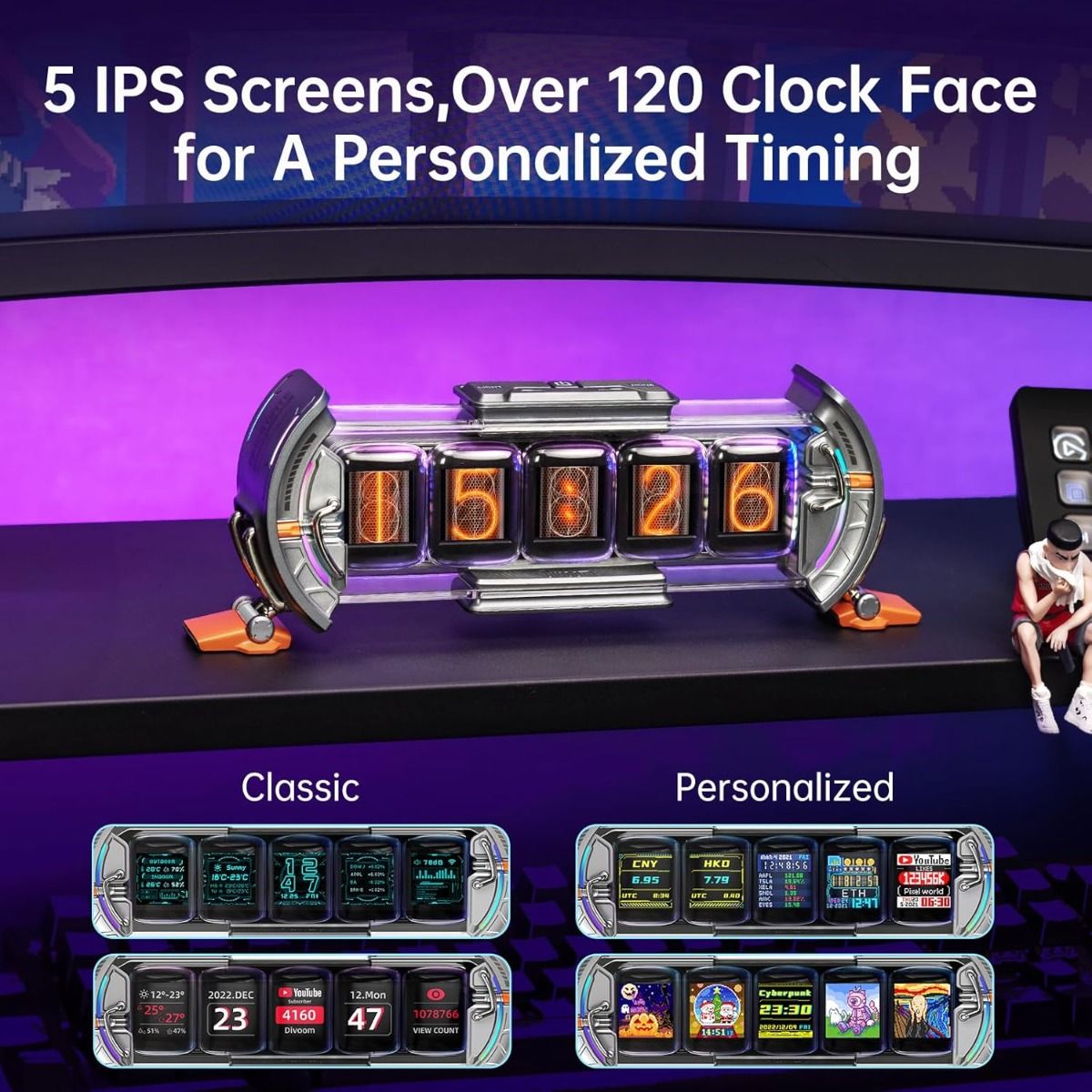 Divoom Times Gate - Cyberpunk Gaming-Setup Digitaler Wecker, Smart-App, WiFi-Verbindung, RGB-LED-Display, Personalisiertes Finanz- und Bitcoin-Dashboard, Pixel-Art für Gaming-Zimmer und Bürodekoration