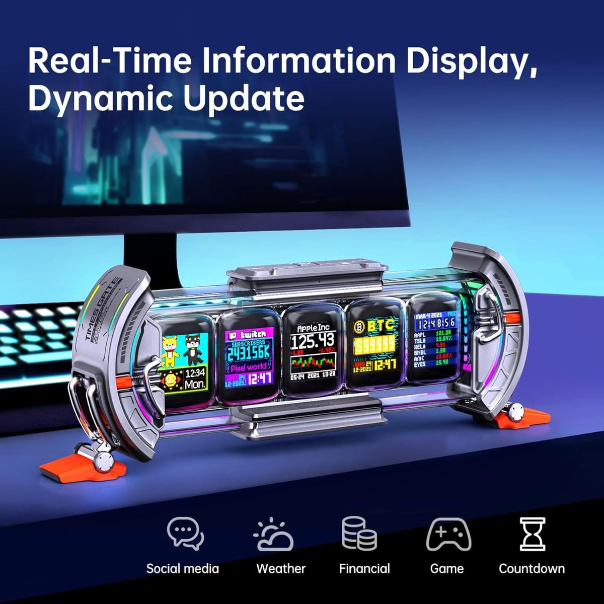 Divoom Times Gate - Cyberpunk Gaming-Setup Digitaler Wecker, Smart-App, WiFi-Verbindung, RGB-LED-Display, Personalisiertes Finanz- und Bitcoin-Dashboard, Pixel-Art für Gaming-Zimmer und Bürodekoration