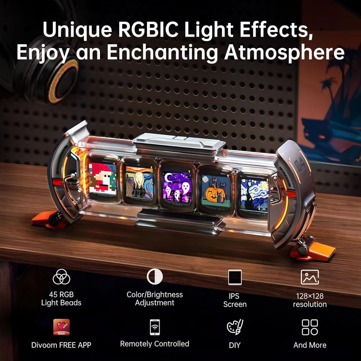 Divoom Times Gate - Cyberpunk Gaming-Setup Digitaler Wecker, Smart-App, WiFi-Verbindung, RGB-LED-Display, Personalisiertes Finanz- und Bitcoin-Dashboard, Pixel-Art für Gaming-Zimmer und Bürodekoration