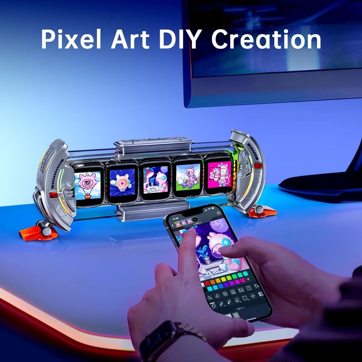 Divoom Times Gate - Cyberpunk Gaming-Setup Digitaler Wecker, Smart-App, WiFi-Verbindung, RGB-LED-Display, Personalisiertes Finanz- und Bitcoin-Dashboard, Pixel-Art für Gaming-Zimmer und Bürodekoration