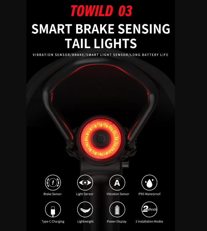 TOWILD TL03 Fahrrad Smart Auto-Bremserkennungslicht LED Rücklicht Fahrradzubehör mit fünf Blinkmodi