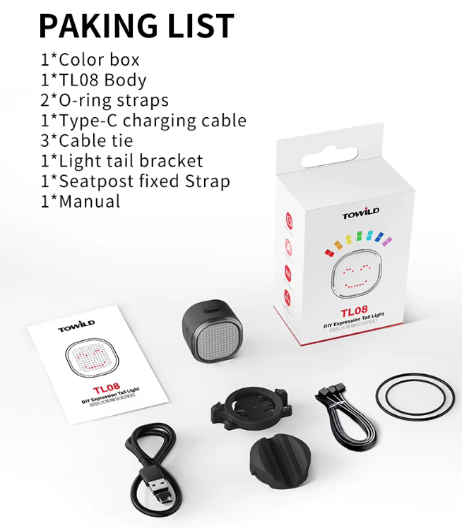 TOWILD TL08 Fahrrad-Rücklicht, individuell anpassbare Muster, vollfarbiges Fahrrad-Rücklicht, Bremserkennung, USB-C wiederaufladbares Fahrrad-Rücklicht