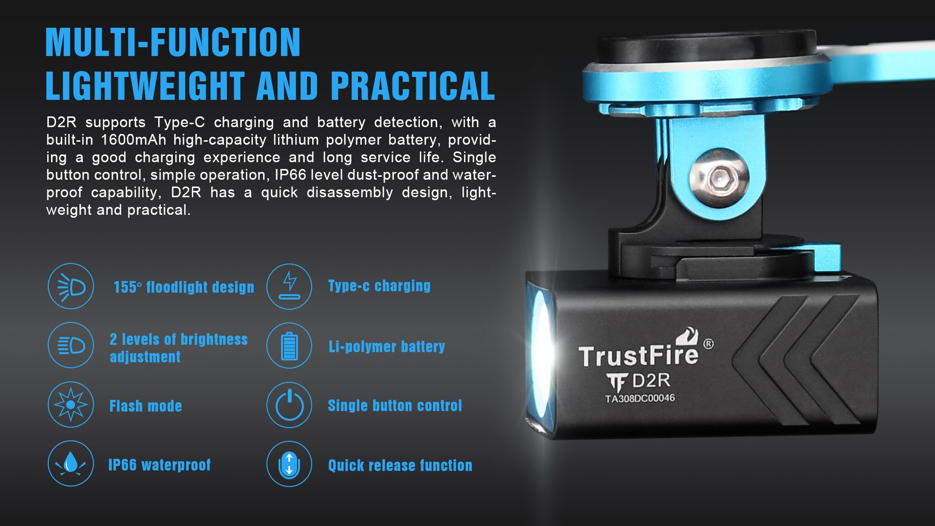 TrustFire D2R Fahrradlicht 450LM wasserdichtes Frontlicht Type-C wiederaufladbare Fahrradleuchte für Sicherheit und Sichtbarkeit