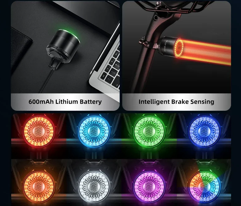 Vielseitiges Fahrrad-Rücklicht, intelligenter Bremsensensor, drahtlose Fernbedienung, buntes Blinklicht, wiederaufladbares Licht
