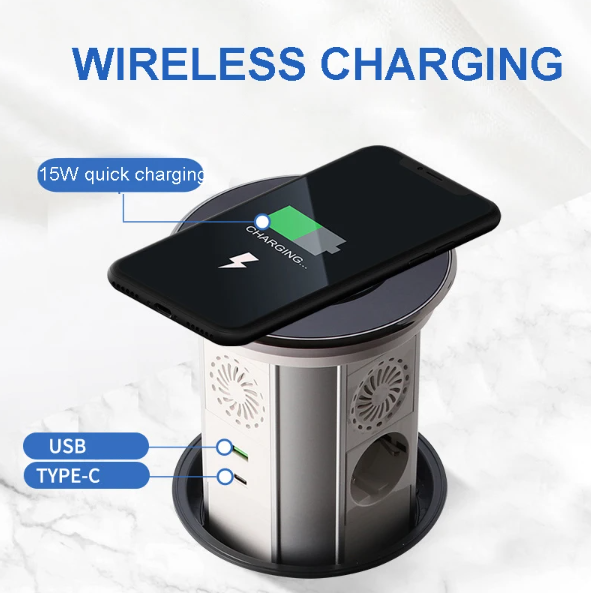 VENSTPOW Elektrische Hebesteckdosen mit USB kabellosem Laden, motorisierte Pop-up-Steckdose für organisierten Arbeitsplatz