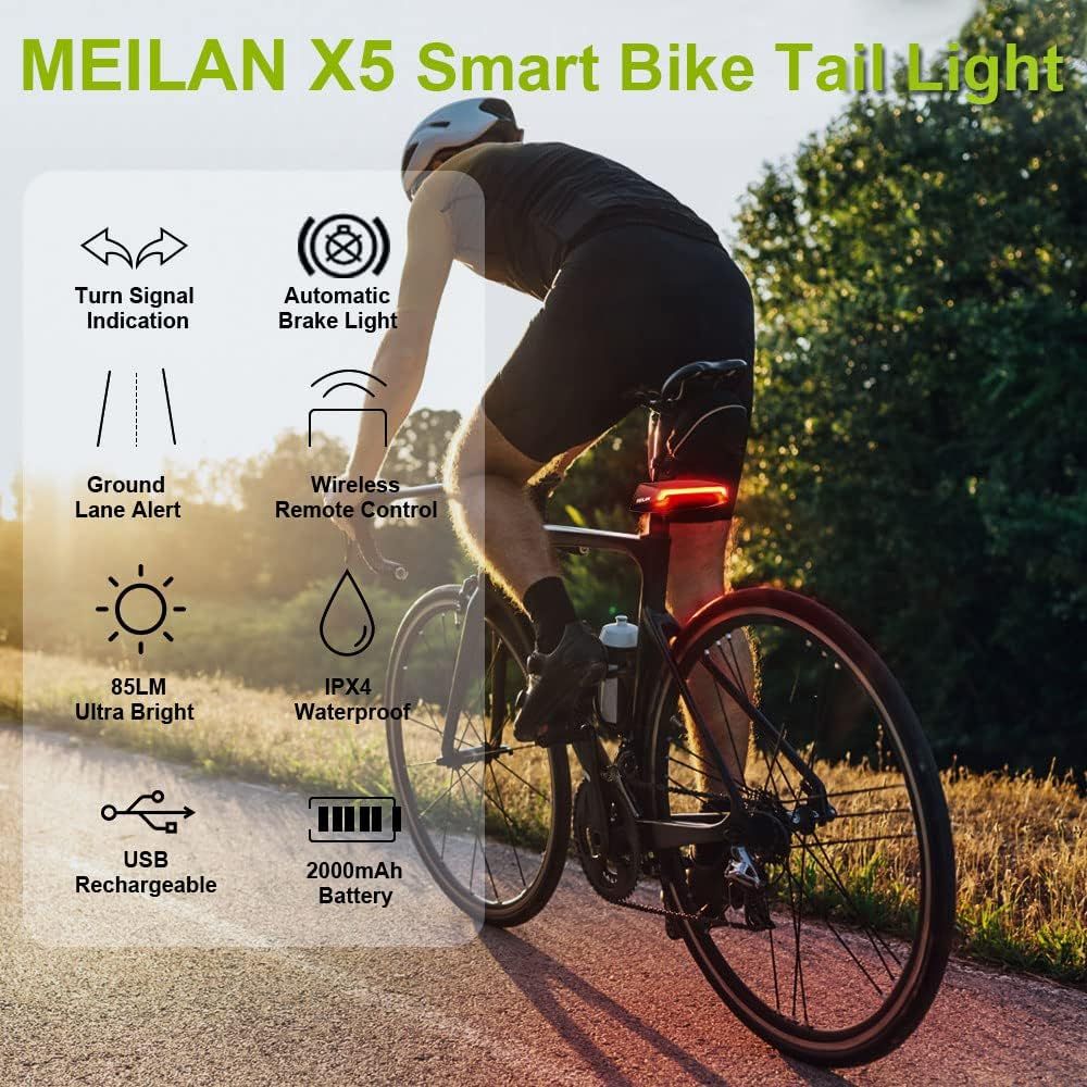 Meilan X5 Smart Bike Rücklicht mit Blinkern und automatischem Bremslicht, kabellose Fernbedienung, Fahrrad-Rücklicht, hinten, USB-wiederaufladbar, Sicherheits-Warnleuchte fürs Radfahren